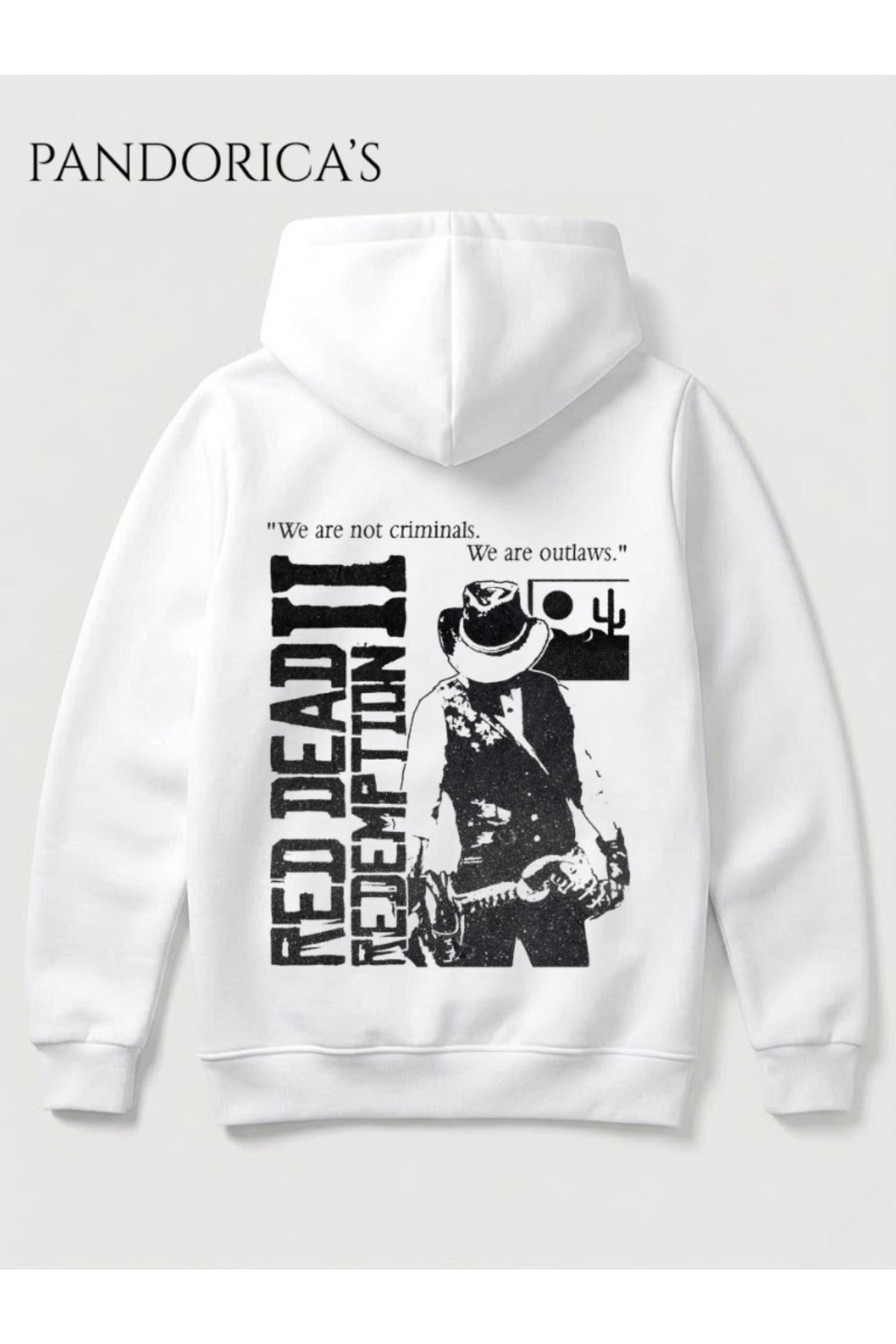 Beyaz Red Dead Redemption Tasarımı "Outlaws For Life" Yazılı Sırt Baskılı Unisex Kapüşonlu Pamuklu Sweatshirt Hoodie - 87