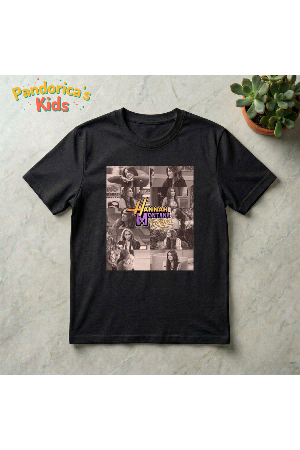 Siyah Pandorica's Hannah Montana Miley Cyrus 20. Yıl Özel Pamuklu Çocuk T-Shirt - 21