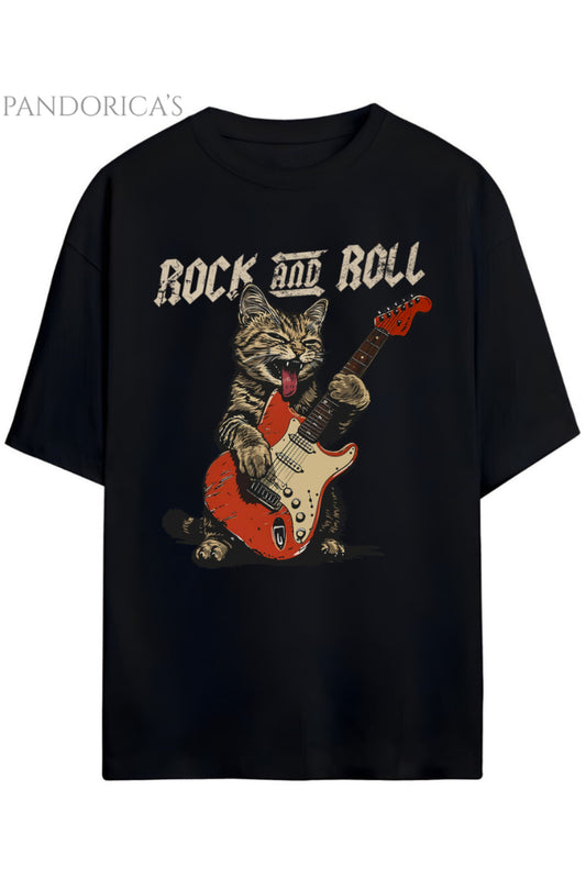 Pandorica's ROCK TASARIM SERİSİ "ROCK&ROLL" Yazılı Gitar Çalan Kedi Baskılı Unisex Pamuklu T-shirt