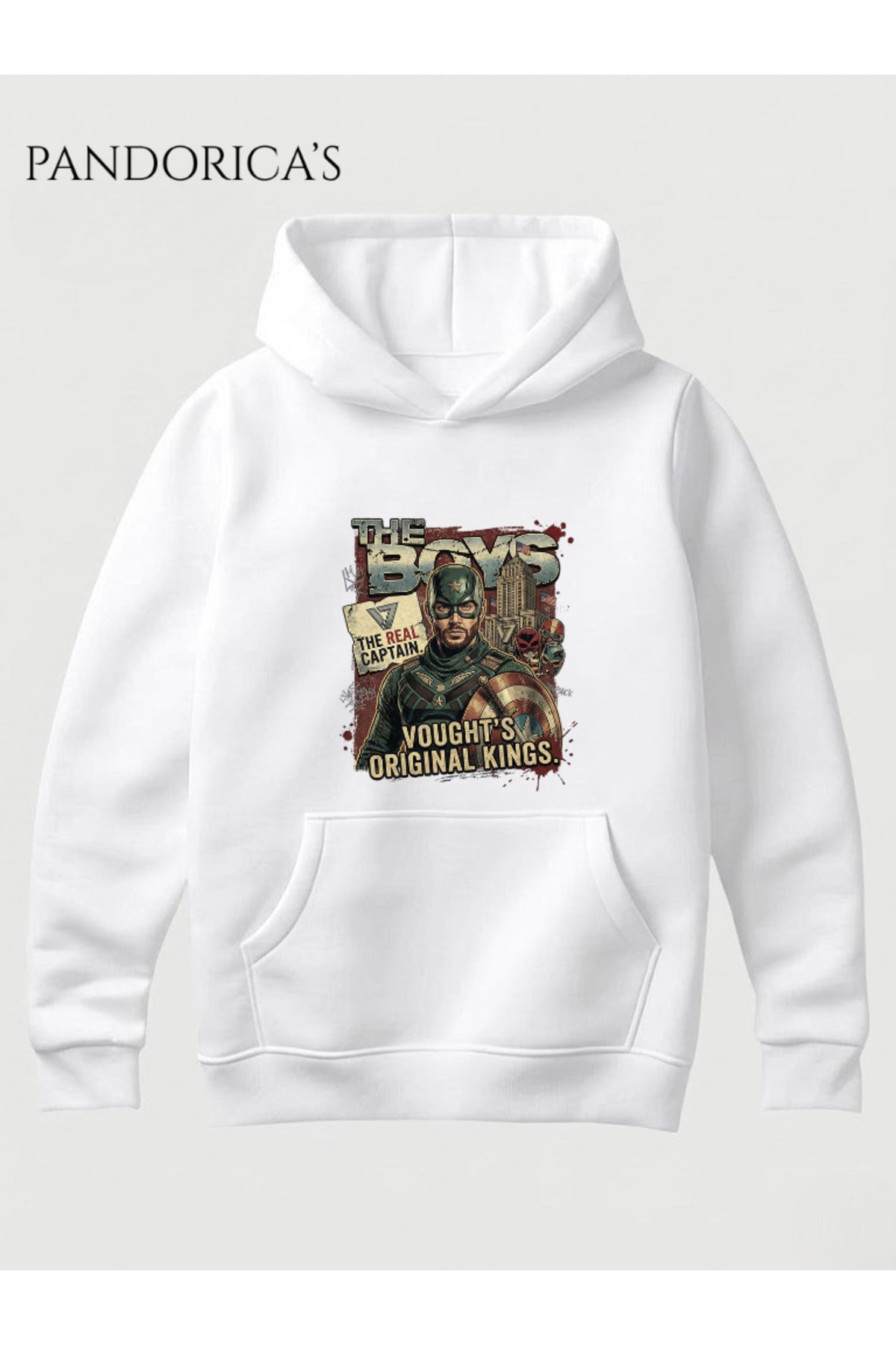 Beyaz The Boys Soldier Boy The Real Captain Tasarımı "Vought's Original Kings" Yazılı Baskılı Unisex Kapüşonlu Pamuklu Sweatshirt Hoodie - 276