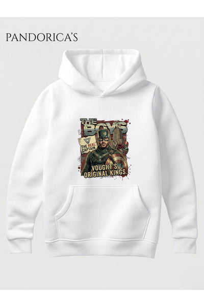 THE BOYS SOLDIER BOY THE REAL CAPTAIN Tasarımı "VOUGHT'S ORIGINAL KINGS"Yazılı Baskılı Unisex Kapüşonlu Pamuklu Sweatshirt Hoodie