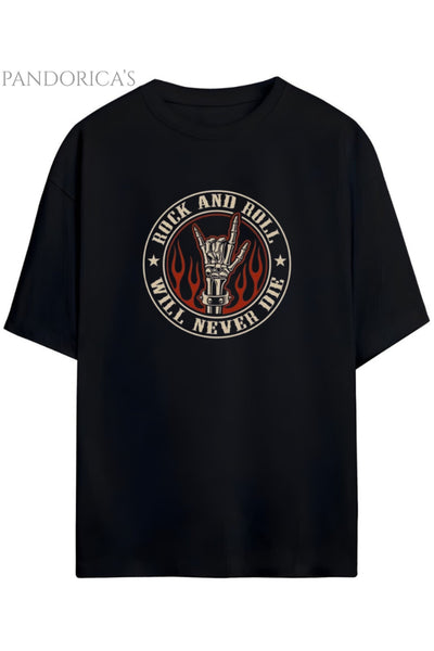 Pandorica's ROCK Tasarım Serisi "ROCK AND ROLL WILL NEVER DIE" Yazılı Baskılı Unisex Pamuklu T-shirt