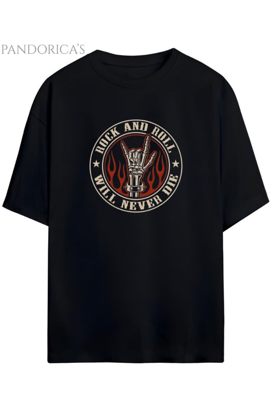 Pandorica's ROCK Tasarım Serisi "ROCK AND ROLL WILL NEVER DIE" Yazılı Baskılı Unisex Pamuklu T-shirt