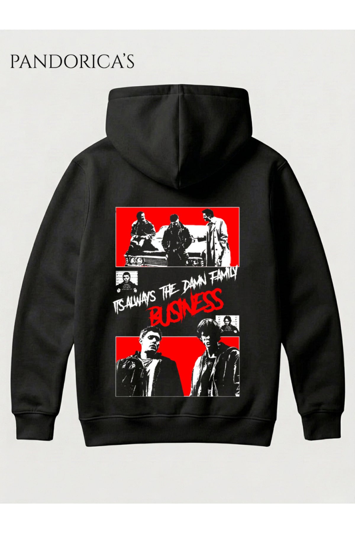 Supernatural Tasarım Serisi "It's Always The Damn Family Business" Replik Yazılı Sırt Ve Ön Baskılı Unisex Kapüşonlu Pamuklu Sweatshirt Hoodie