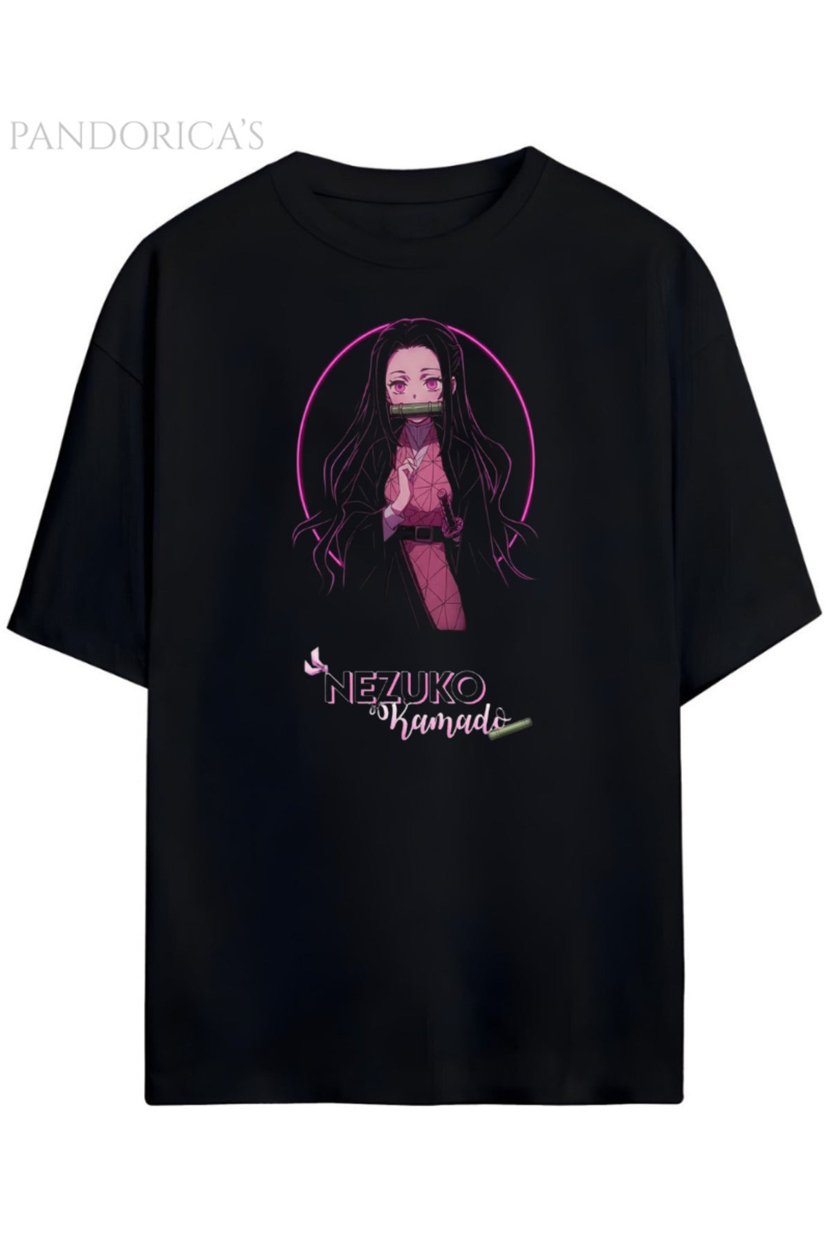 Siyah Pandorica's Demon Slayer Tasarımı Unisex Pamuklu T-Shirt - 57