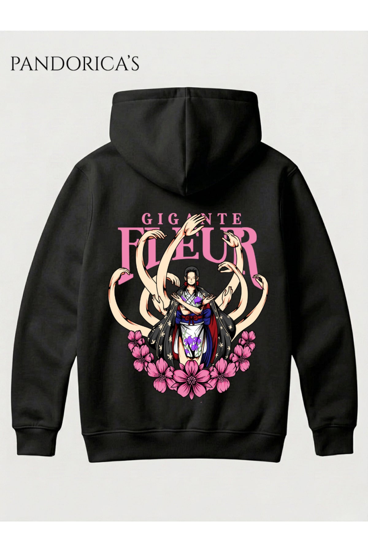 Siyah One Piece Özel Tasarım Serisi "Gigante Fleur" Yazılı Sırt Baskılı Unisex Kapüşonlu Pamuklu Sweatshirt (Hoodie) - 1