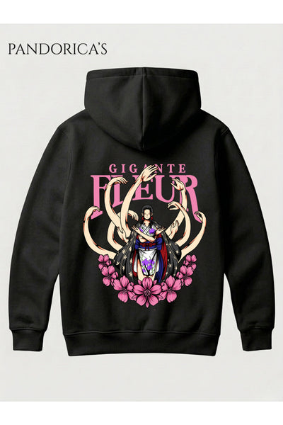 One Piece Özel Tasarım Serisi "GIGANTE FLEUR" Yazılı Sırt Baskılı Unisex Kapüşonlu Pamuklu Sweatshirt (Hoodie)