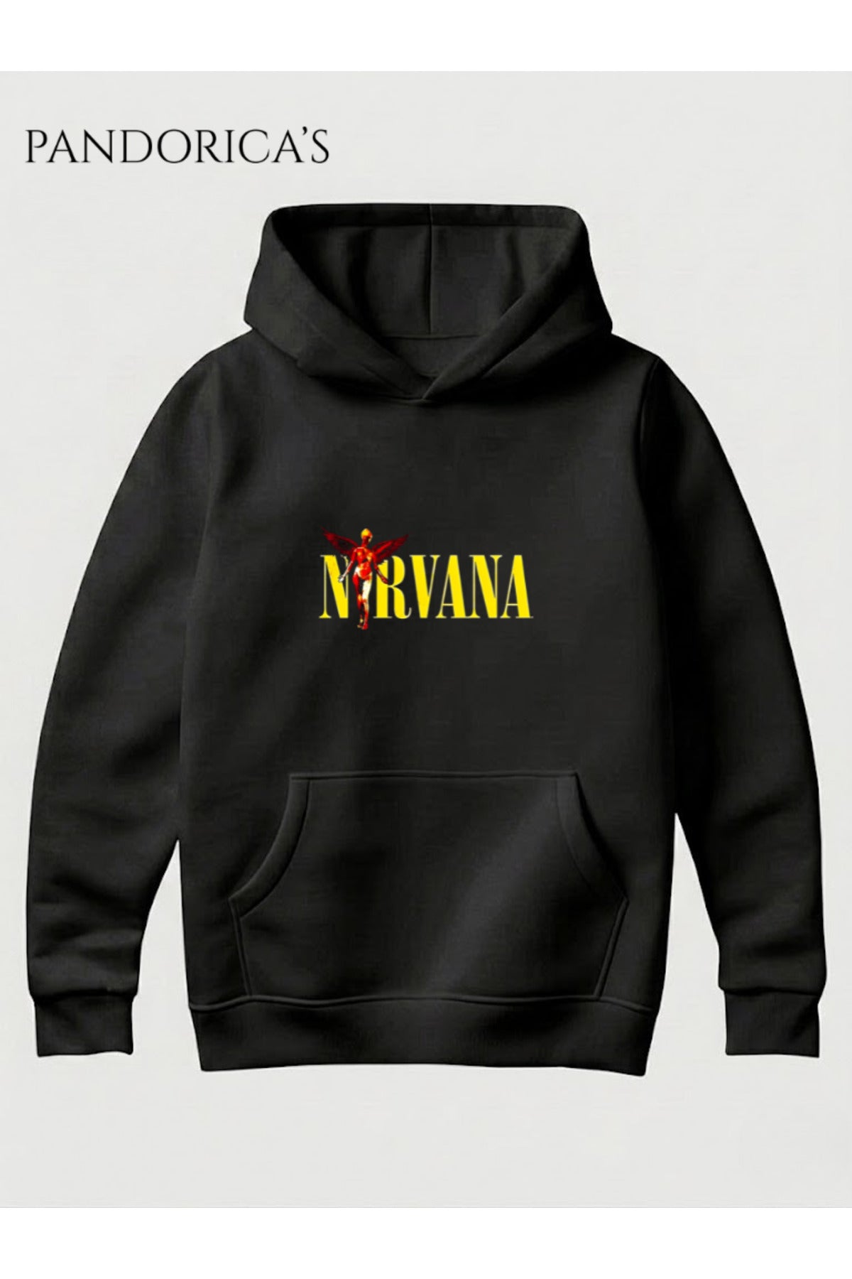 Siyah Nirvana Tasarımı Yazılı Baskılı Unisex Kapüşonlu Pamuklu Sweatshirt Kanguru Cep Hoodie - 141