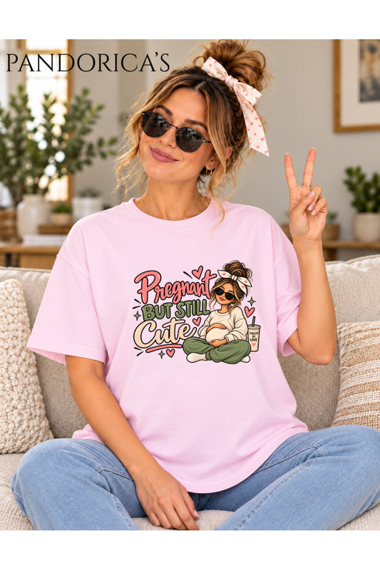 Kadın Hamile Temalı "Pregnant But Still Cute" Yazılı Baskılı Oversize Pamuklu Tişört Bisiklet Yaka