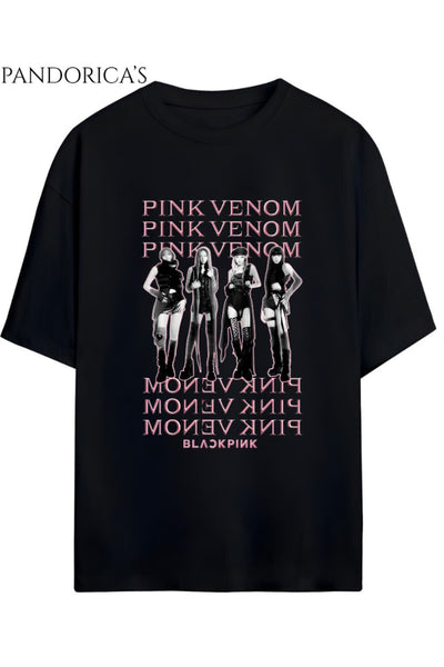 BLACKPINK Tasarım Serisi "PINK VENOM" Yazılı Baskılı Unisex Relaxed Kalıp Tişört