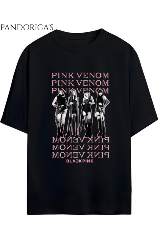 BLACKPINK Tasarım Serisi "PINK VENOM" Yazılı Baskılı Unisex Relaxed Kalıp Tişört