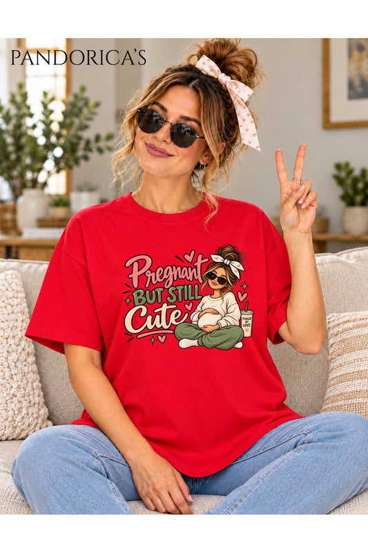 Kadın Hamile Temalı "Pregnant But Still Cute" Yazılı Baskılı Oversize Pamuklu Tişört Bisiklet Yaka