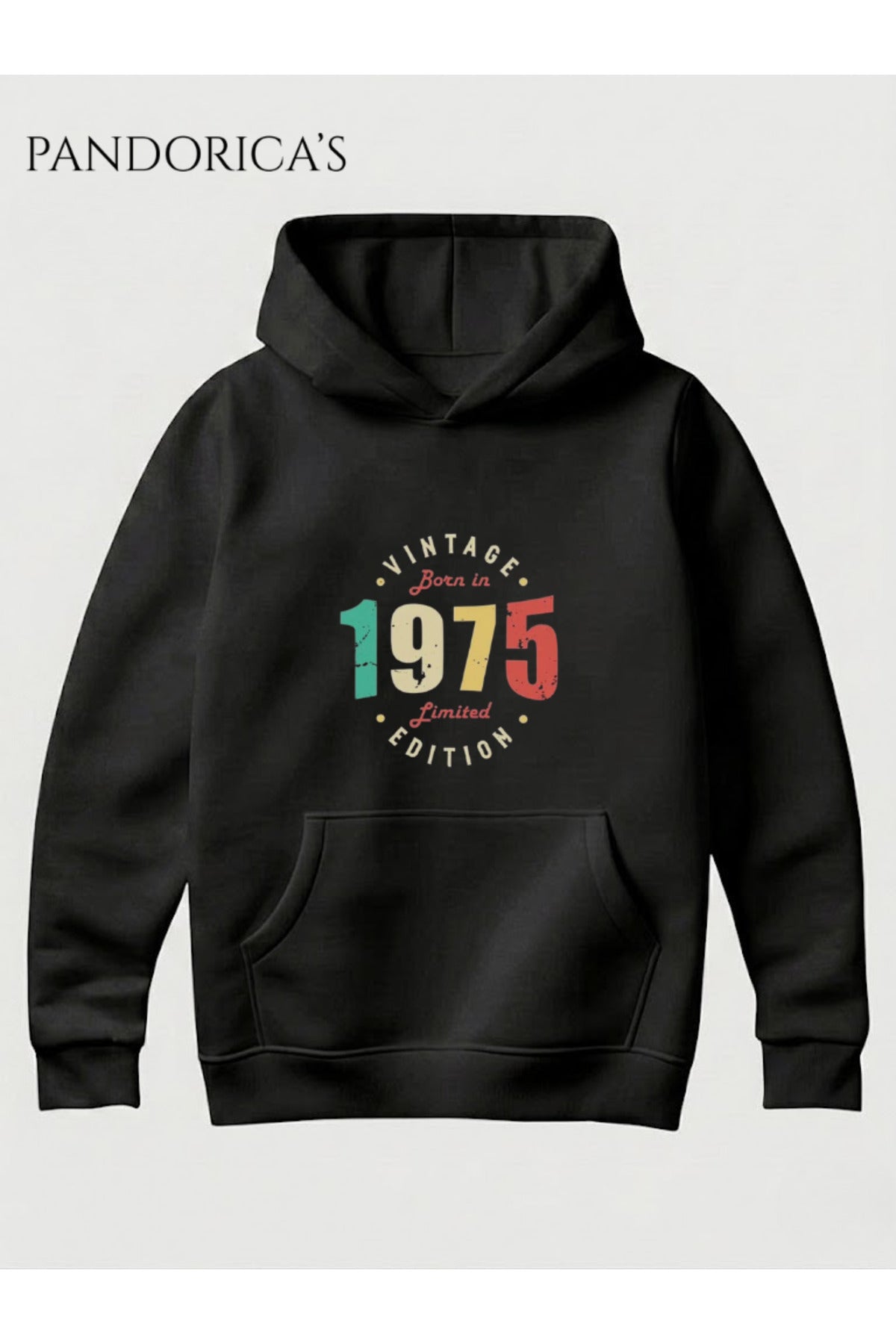Siyah Vintage 1975 Doğum Yılı Yazılı Baskılı Retro Tasarım Unisex Kapüşonlu Pamuklu Sweatshirt Hoodie - 1