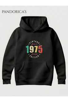 VINTAGE 1975 DOĞUM YILI YAZILI BASKILI RETRO TASARIM UNISEX KAPÜŞONLU PAMUKLU SWEATSHIRT HOODIE