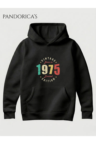 VINTAGE 1975 DOĞUM YILI YAZILI BASKILI RETRO TASARIM UNISEX KAPÜŞONLU PAMUKLU SWEATSHIRT HOODIE