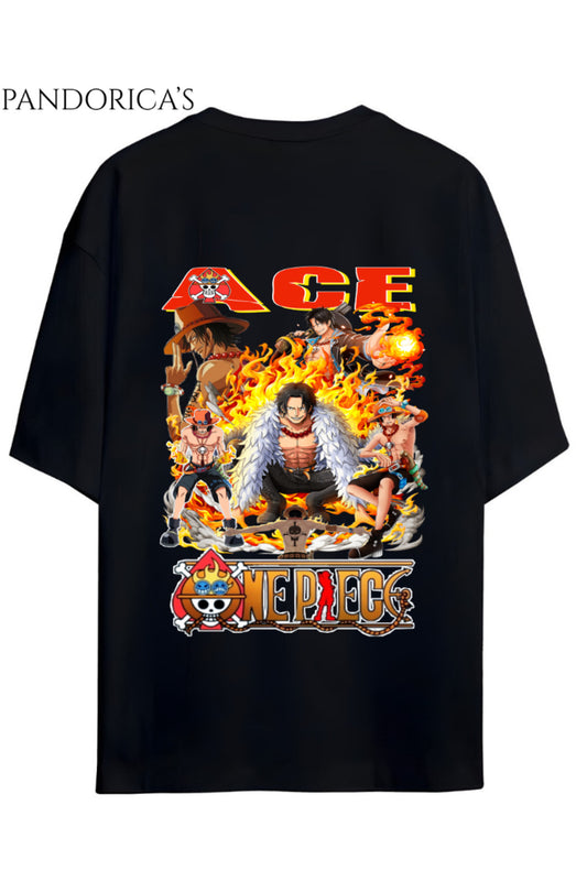 ONE PIECE TASARIM SERİSİ "ACE" SIRT BASKILI YAZILI UNISEX PAMUKLU RELAXED KALIP T-SHIRT