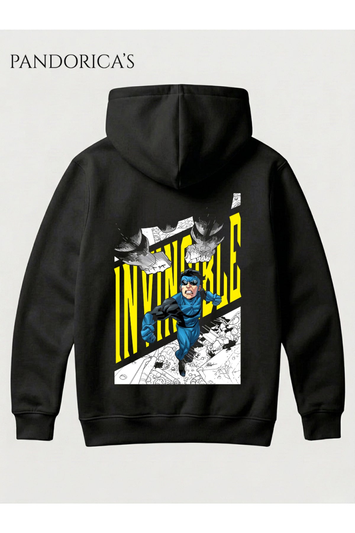 Siyah Invincible Friends & Foes Tasarım Serisi Yazılı Sırt Ve Ön Baskılı Unisex Kapüşonlu Pamuklu Sweatshirt (Hoodie) - 29