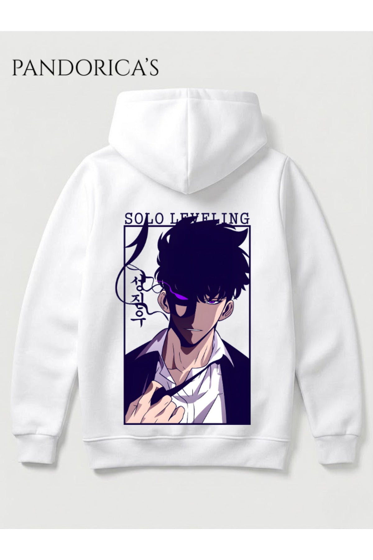 Beyaz Solo Leveling Anime Sung Jinwoo Tasarımı Yazılı Sırt Baskılı Yazılı Baskılı Unisex Kapüşonlu Pamuklu Sweatshirt Hoodie - 114