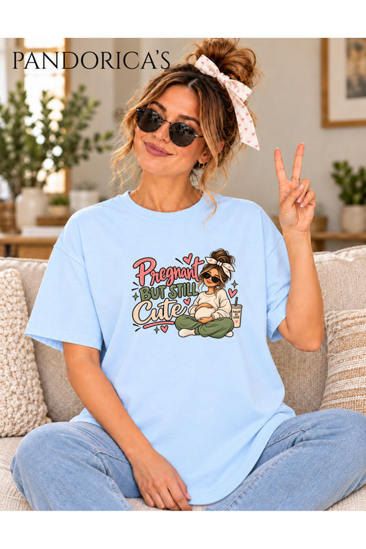 Kadın Hamile Temalı "Pregnant But Still Cute" Yazılı Baskılı Oversize Pamuklu Tişört Bisiklet Yaka