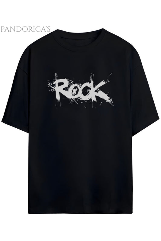 Pandorica's ROCK Tasarım Serisi "ROCK" Yazılı Baskılı Relaxed Kalıp Unisex Pamuklu T-shirt