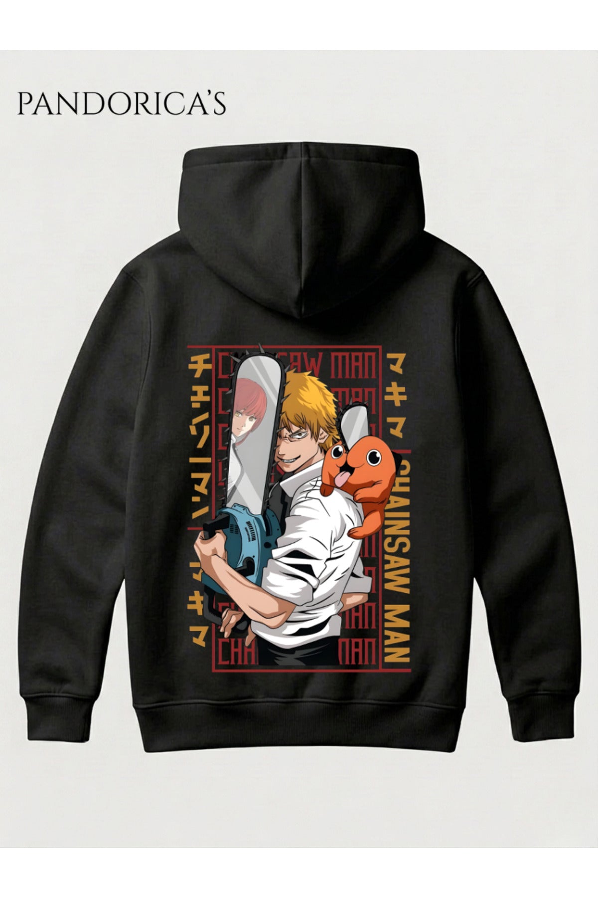 Siyah Chainsaw Man Anime Manga Tasarım Serisi Yazılı Sırt Ve Ön Baskılı Unisex Kapüşonlu Pamuklu Sweatshirt Hoodie - 132