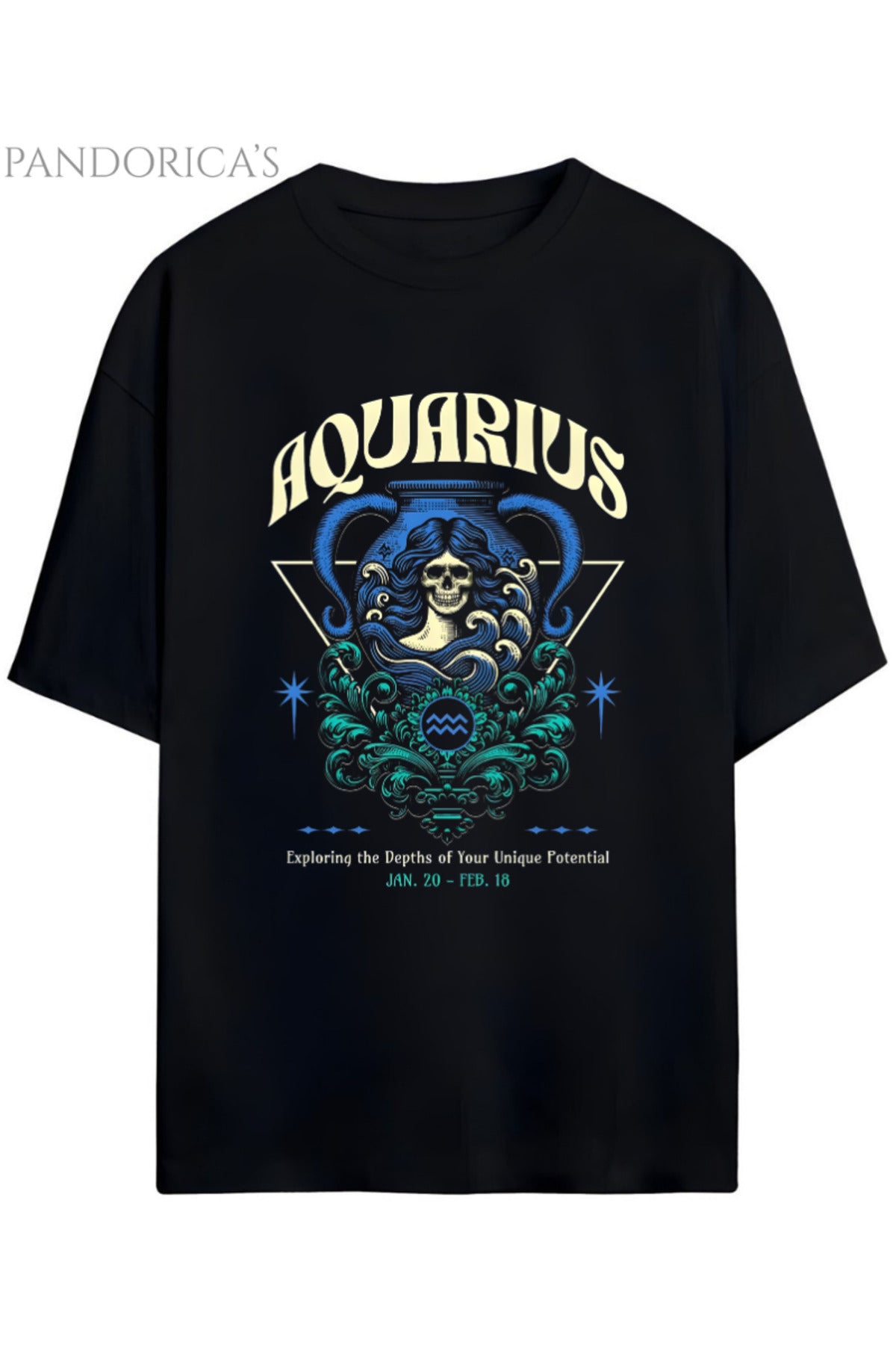 Gothic Zodyak Tasarım Serisi Aquarius (Kova Burcu) Yazılı Baskılı Pamuklu Unisex Tişört