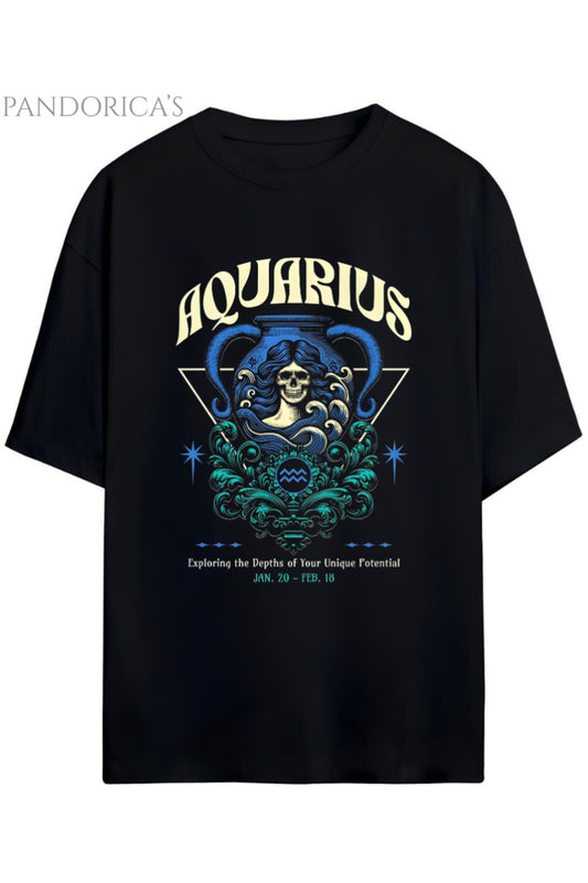 Gothic Zodyak Tasarım Serisi Aquarius (Kova Burcu) Yazılı Baskılı Pamuklu Unisex Tişört