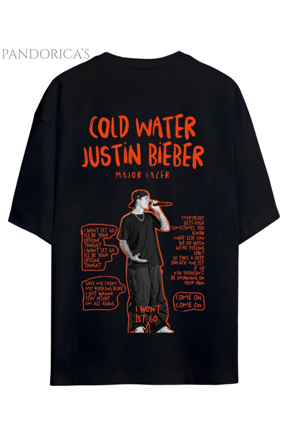 Siyah Justin Bieber Serisi Cold Water Şarkı Sözü Lyrics Yazılı Sırt Baskılı Pamuklu Unisex Tişört - 1