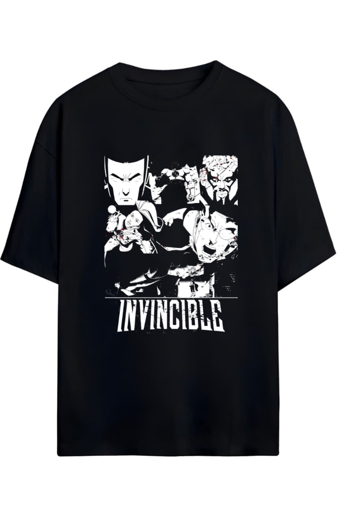 Siyah Invincible Friends & Foes (Dostlar Ve Düşmanlar) Yazılı Baskılı Pamuklu Relaxed Kalıp Unisex Tişört - 49