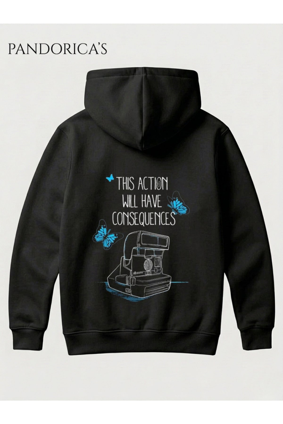 Siyah Life Is Strange Tasarımı "This Action Will Have Consequences..." Yazılı Sırt Ve Ön Baskılı Unisex Kapüşonlu Pamuklu Sweatshirt Hoodie - 186