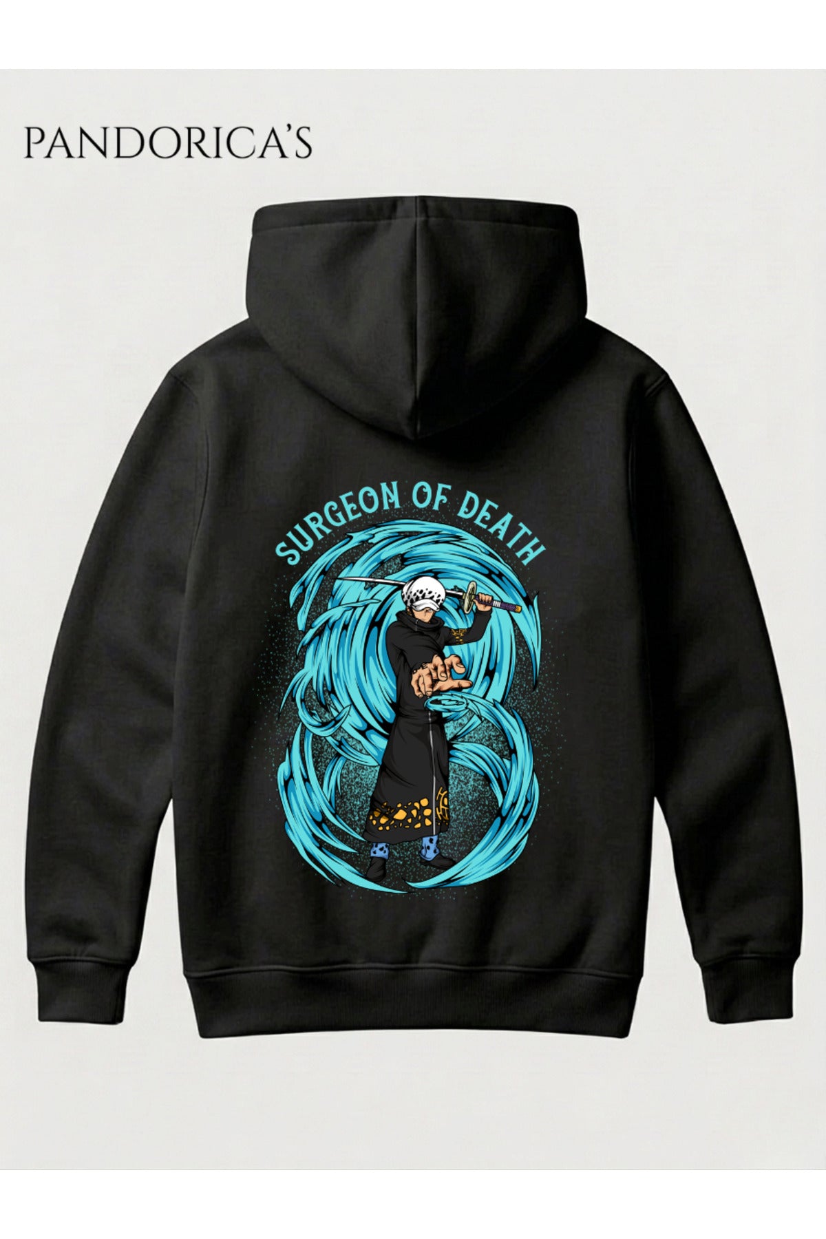 Siyah One Piece Özel Tasarım Serisi "Surgeon Of Death" Yazılı Sırt Baskılı Unisex Kapüşonlu Pamuklu Sweatshirt (Hoodie) - 73