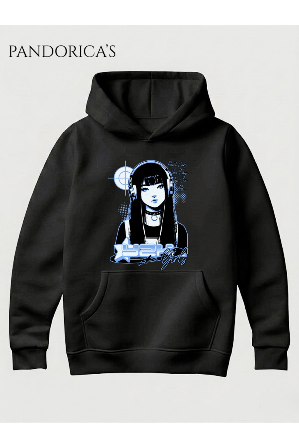 Siyah Unisex Y2K Girls Anime Kız Baskılı Kapüşonlu Sweatshirt Cyberpunk Pamuklu Streetwear Hoodie - 60