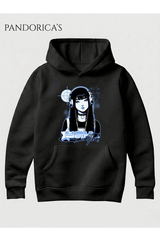 Unisex Y2K Girls Anime Kız Baskılı Kapüşonlu Sweatshirt Cyberpunk Pamuklu Streetwear Hoodie