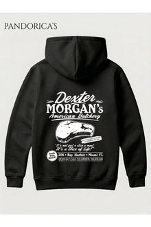 DEXTER Özel Tasarımı "DEXTER MORGAN'S AMERICAN BUTCHERY" Yazılı SIRT Baskılı Unisex Kapüşonlu Pamuklu Sweatshirt Hoodie