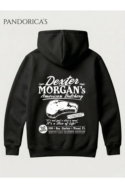 DEXTER Özel Tasarımı "DEXTER MORGAN'S AMERICAN BUTCHERY" Yazılı SIRT Baskılı Unisex Kapüşonlu Pamuklu Sweatshirt Hoodie