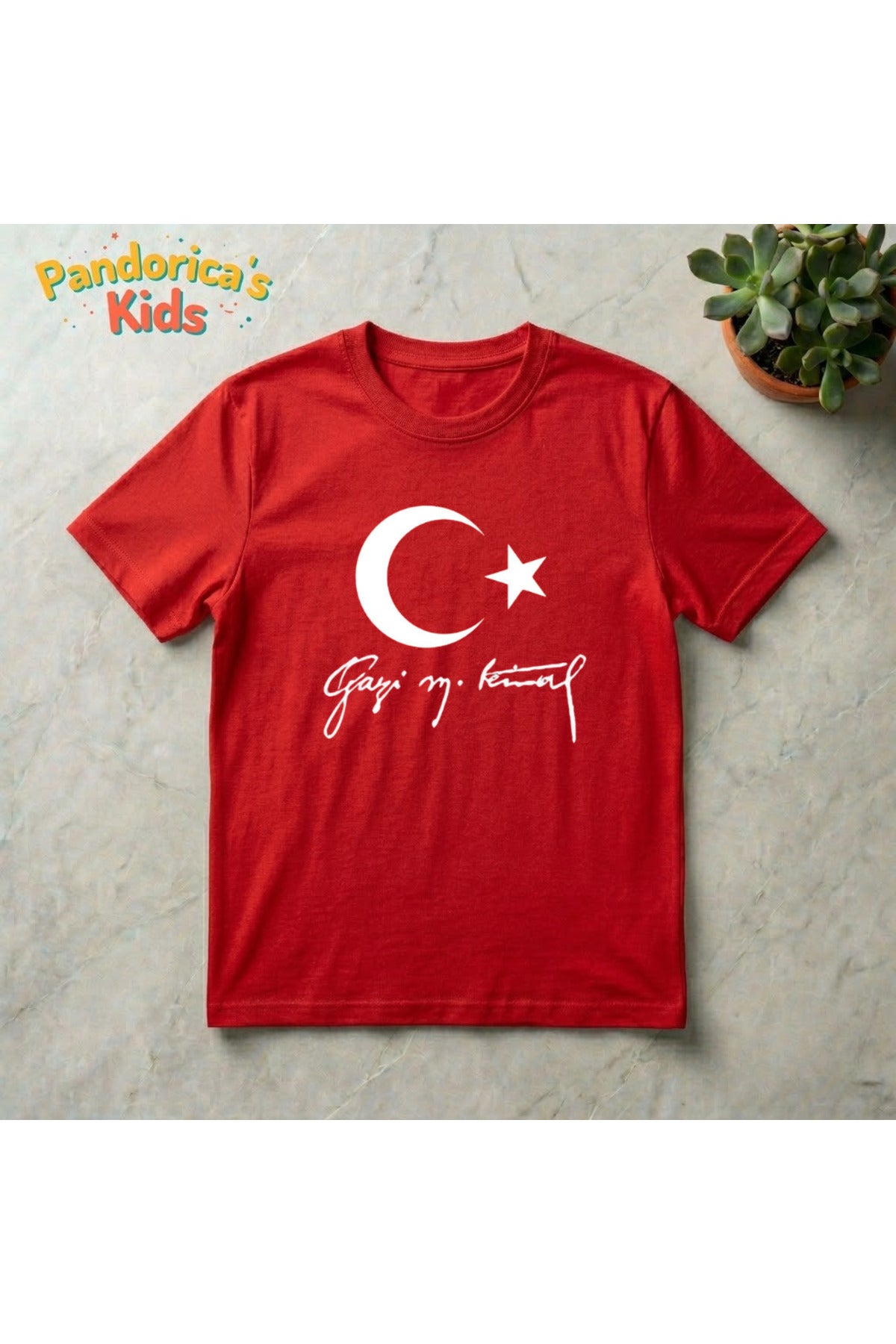 Kırmızı Atatürk Tasarımı İmzalı Baskılı Bayraklı Unisex Pamuklu Çocuk T-Shirt - 47