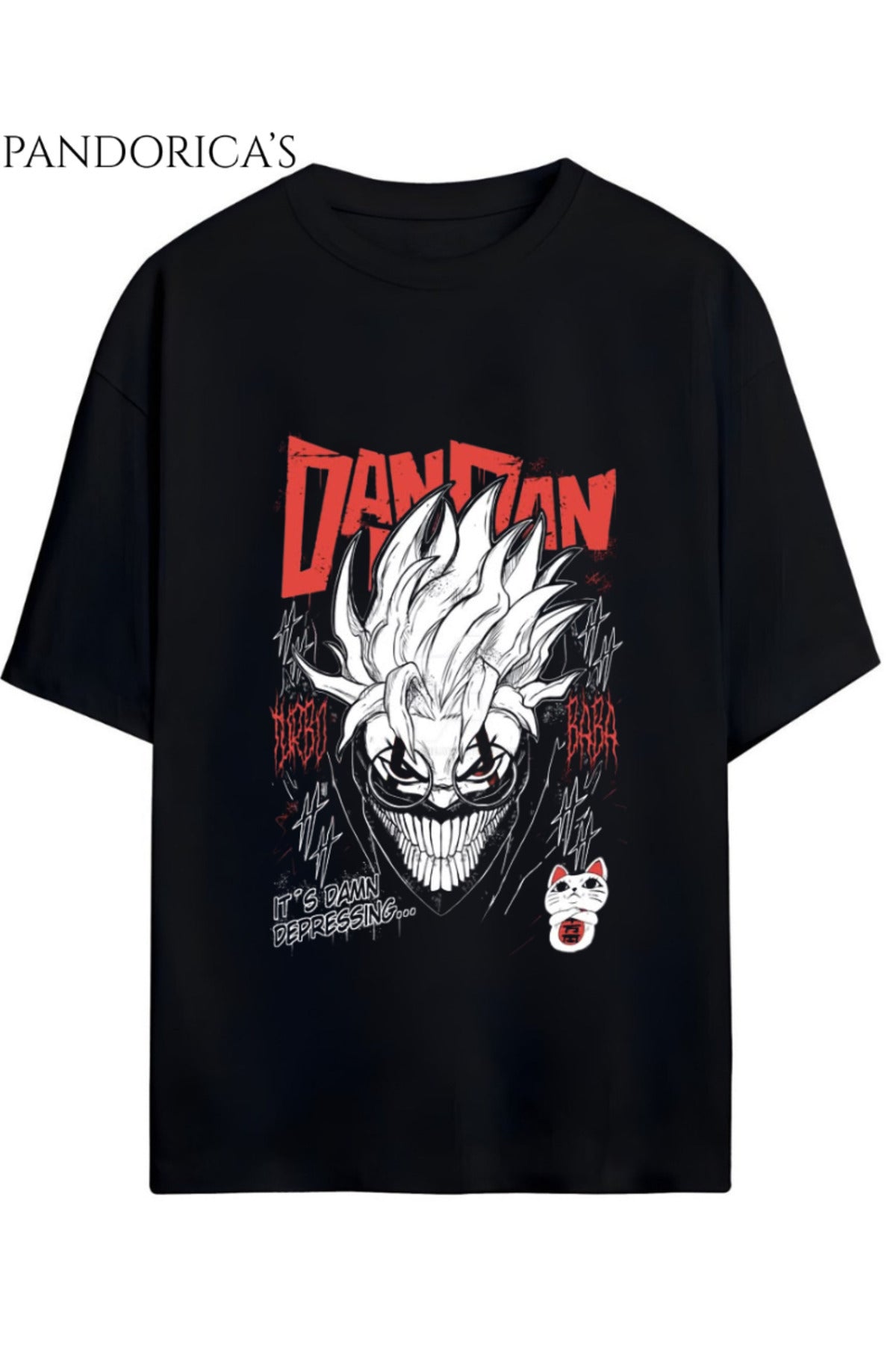Siyah Dandadan Anime Tasarımı Yazılı Baskılı Unisex Pamuklu Relaxed Kalıp Tişört - 16