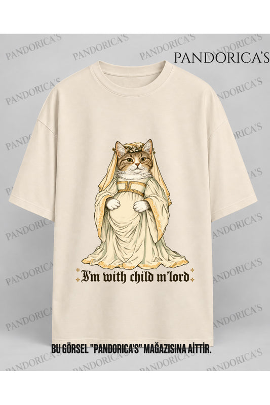 Kadın Hamile Temalı "I'M WITH CHILD MY LORD" Sevimli Kedi Baskılı Oversize %100 Pamuk Tişört Bisiklet Yaka