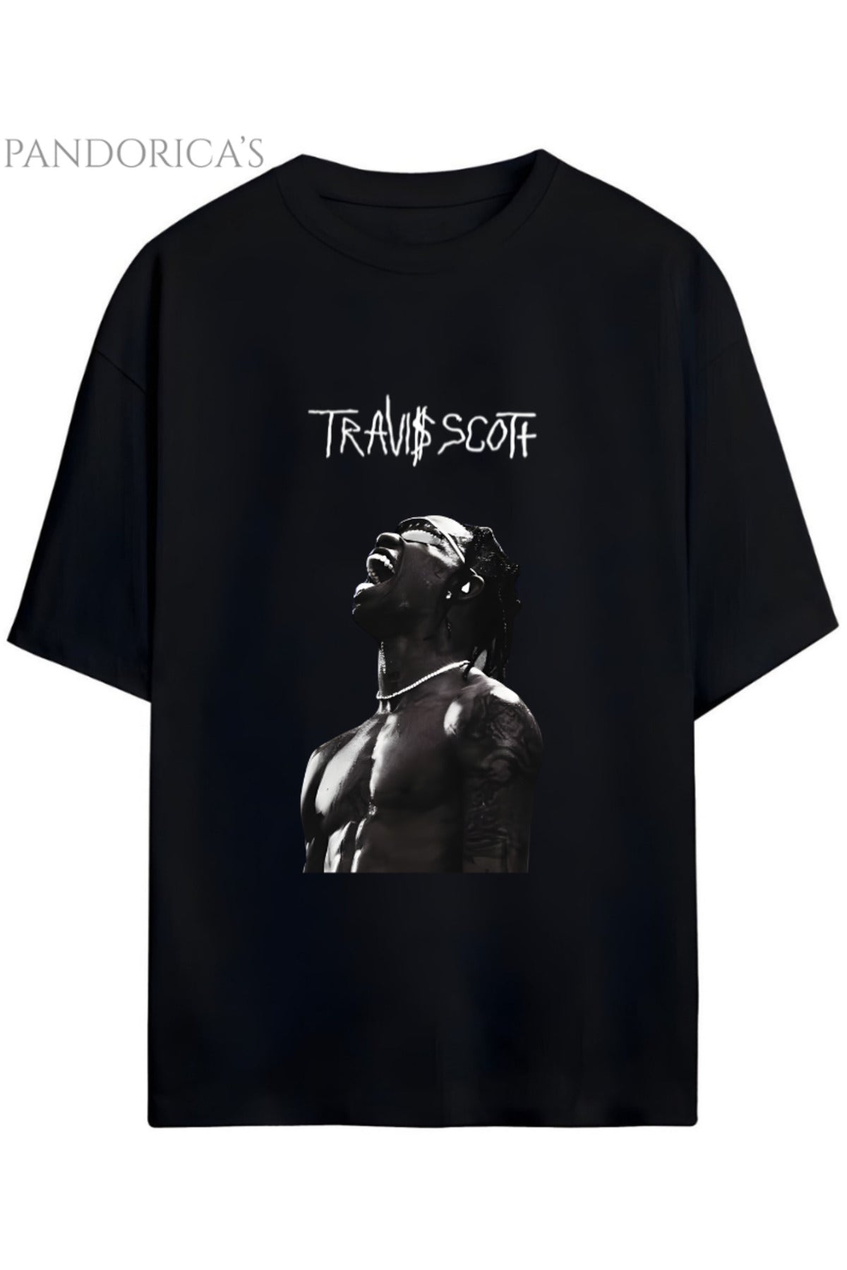 Siyah Travis Scott Tasarım Serisi Yazılı Baskılı Pamuklu Unisex Tişört - 1
