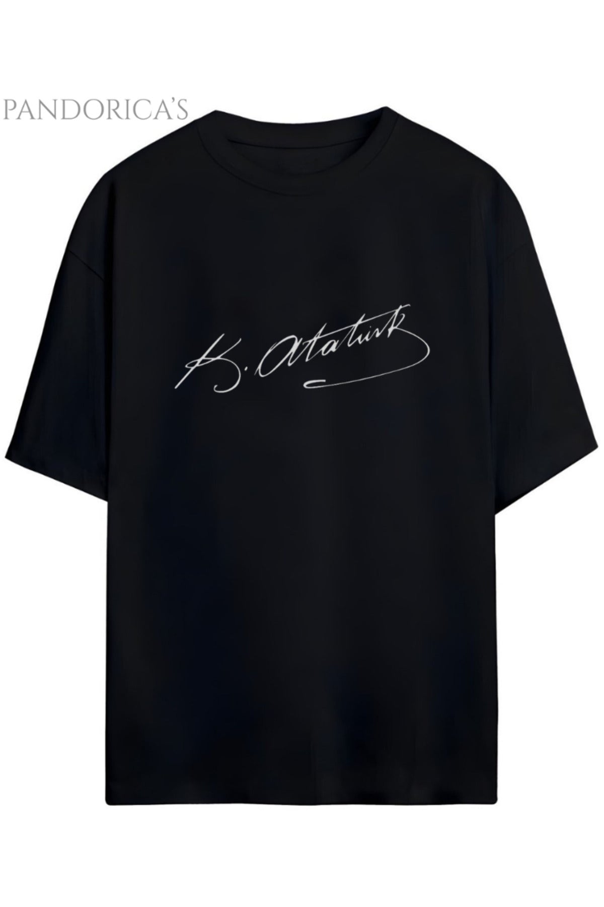 Siyah Pandorica's Mustafa Kemal Atatürk Tasarımı İmzalı Baskılı Unisex Pamuklu T-Shirt - 41