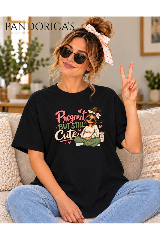 Kadın Hamile Temalı "Pregnant But Still Cute" Yazılı Baskılı Oversize Pamuklu Tişört Bisiklet Yaka
