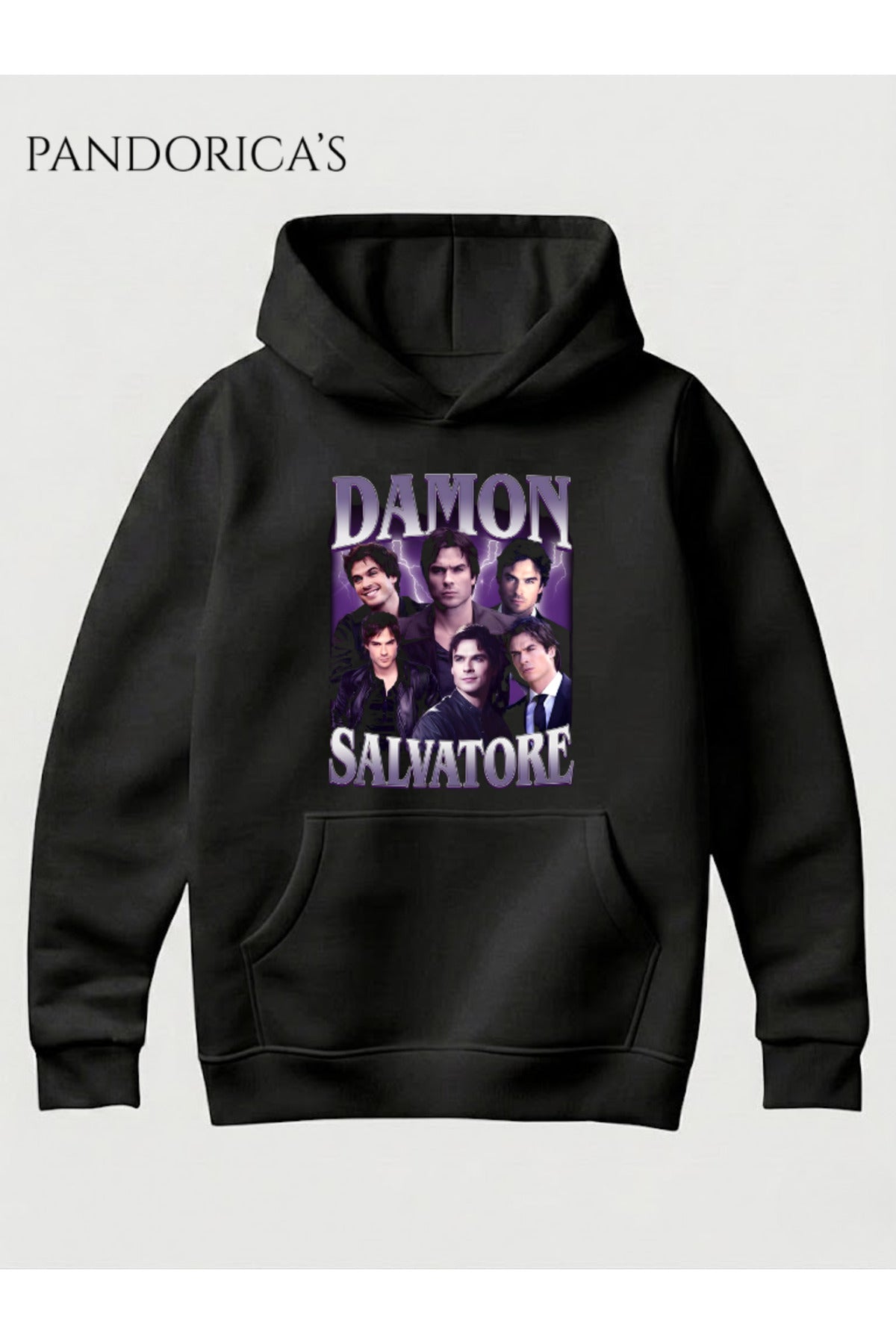 The Vampire Diaries Tasarımı Damon Salvatore Vintage Retro Kolaj Baskılı Yazılı Pamuklu Kapüşonlu Unisex Sweatshirt Hooded (Hoodie)