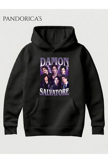 The Vampire Diaries Tasarımı Damon Salvatore Vintage Retro Kolaj Baskılı yazılı Pamuklu Kapüşonlu Unisex Sweatshirt Hooded (Hoodie)