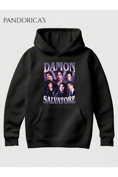 The Vampire Diaries Tasarımı Damon Salvatore Vintage Retro Kolaj Baskılı yazılı Pamuklu Kapüşonlu Unisex Sweatshirt Hooded (Hoodie)