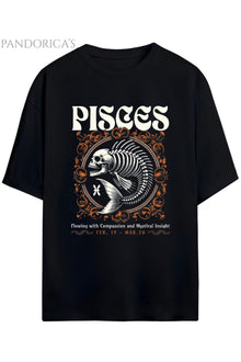 Gothic Zodyak Tasarım Serisi Pisces (Balık Burcu) Yazılı Baskılı Pamuklu Unisex Tişört
