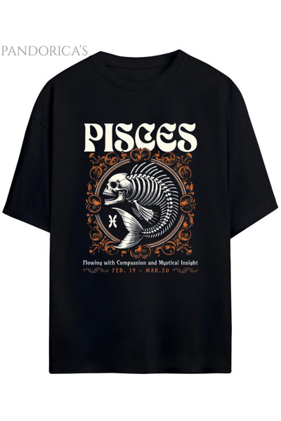 Gothic Zodyak Tasarım Serisi Pisces (Balık Burcu) Yazılı Baskılı Pamuklu Unisex Tişört
