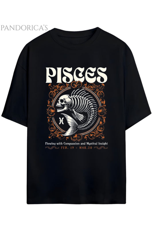 Gothic Zodyak Tasarım Serisi Pisces (Balık Burcu) Yazılı Baskılı Pamuklu Unisex Tişört