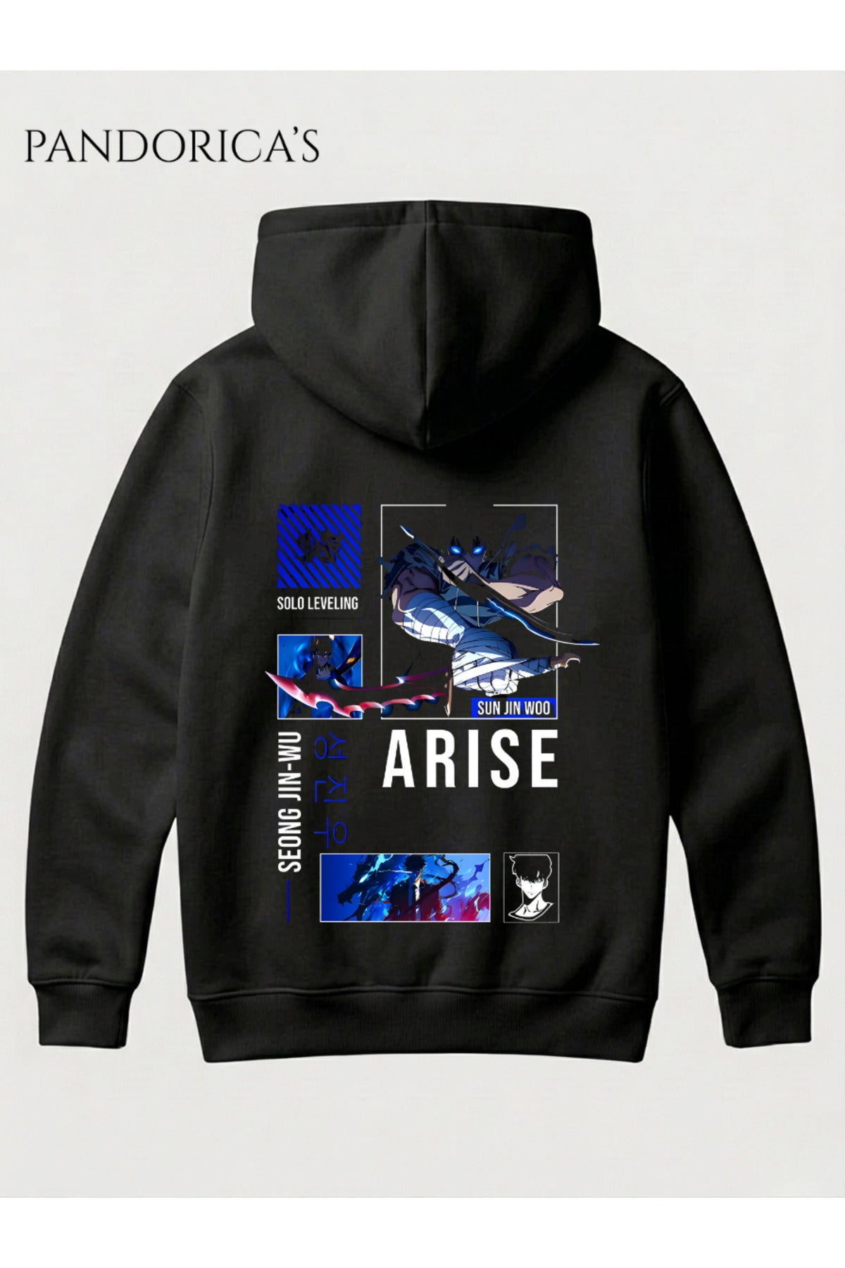 Siyah Solo Leveling Anime Sung Jinwoo Tasarımı" Arise" Yazılı Sırt Baskılı Unisex Kapüşonlu Pamuklu Sweatshirt Hoodie - 42