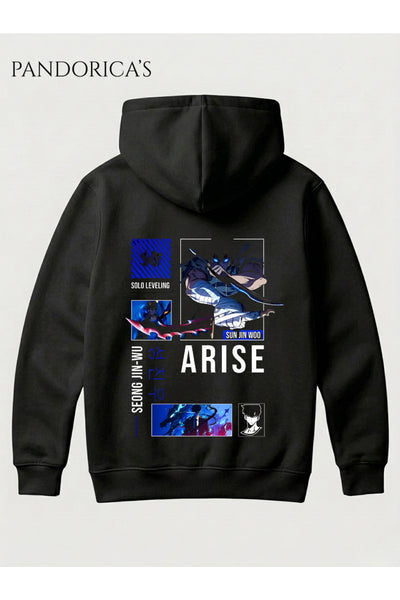 SOLO LEVELING ANİME SUNG JINWOO Tasarımı"ARISE" Yazılı SIRT Baskılı Unisex Kapüşonlu Pamuklu Sweatshirt Hoodie