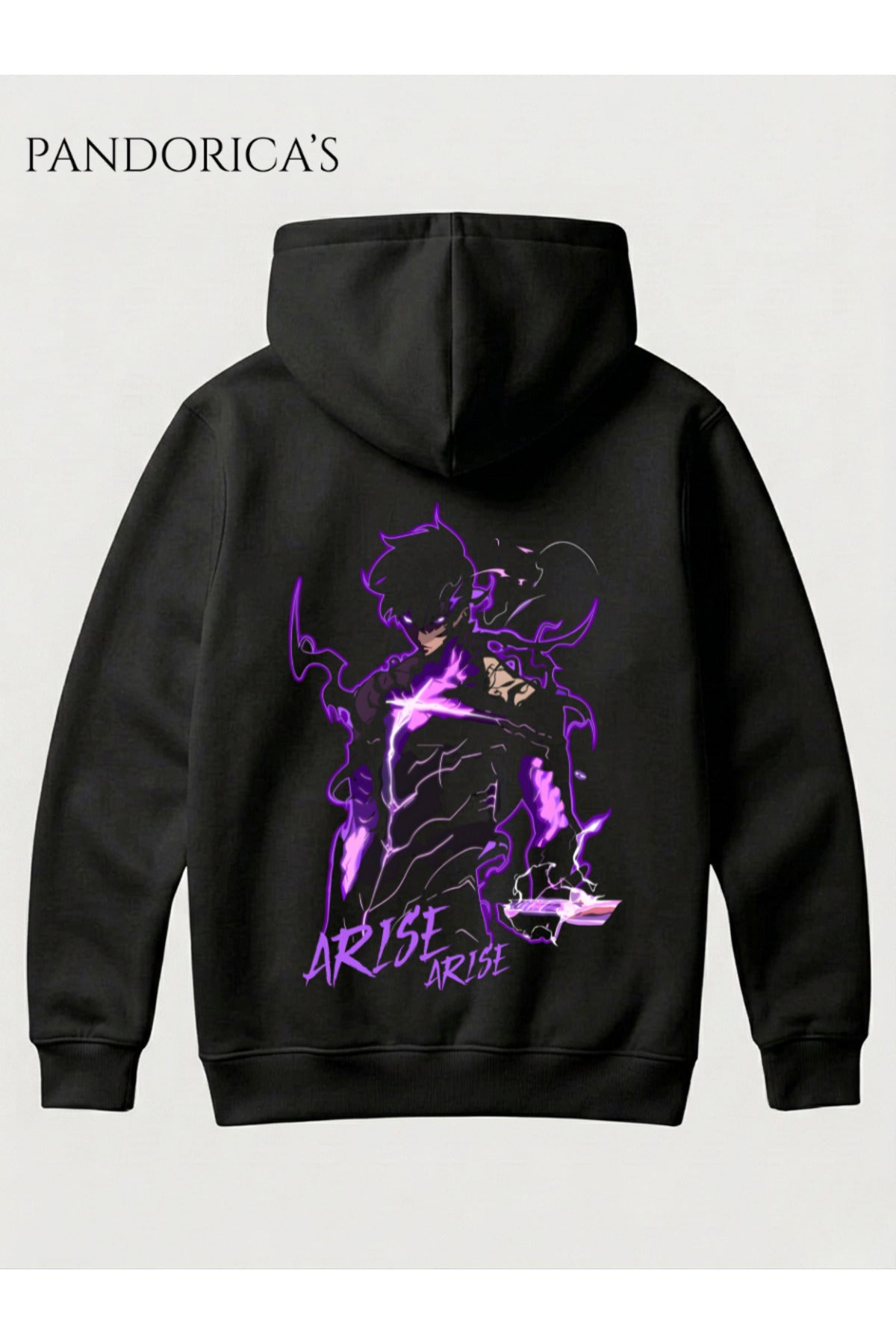 Siyah Solo Leveling Anime Sung Jinwoo Tasarımı" Arise" Yazılı Sırt Baskılı Unisex Kapüşonlu Pamuklu Sweatshirt Hoodie - 33